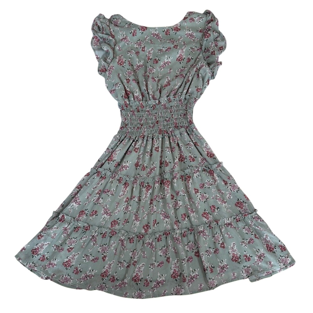 Trixx Floral Smocked Tiered Dress S Sage Green Ruffle Sleeve Mini